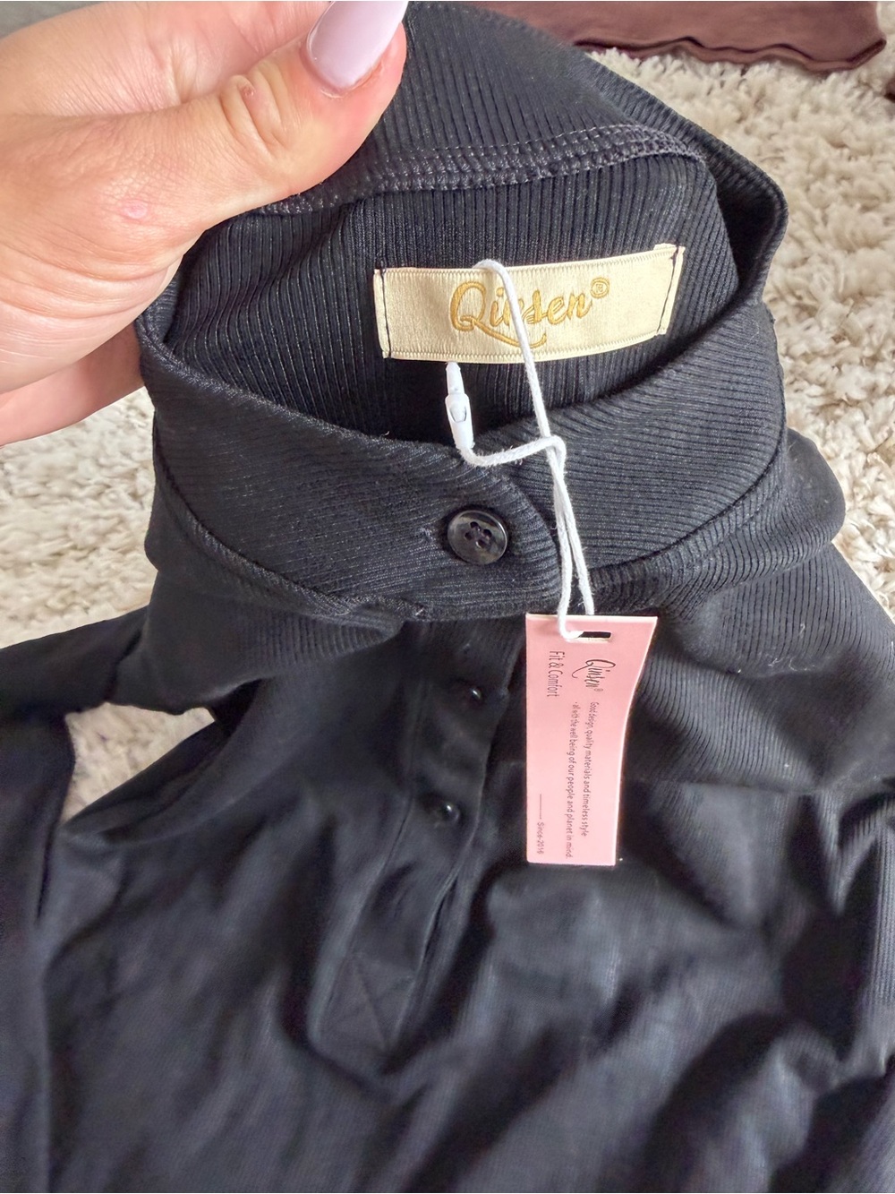Ribbed Long Sleeve Henley Top in Black - Unbranded - Picture 2 of 4